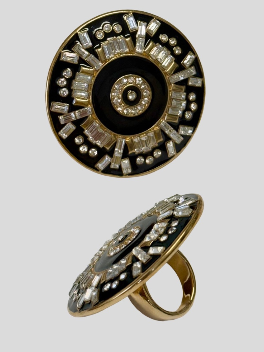 Art Deco Black Enamel Statement Ring Gold Tone Crystal Cocktail Size 5.5
